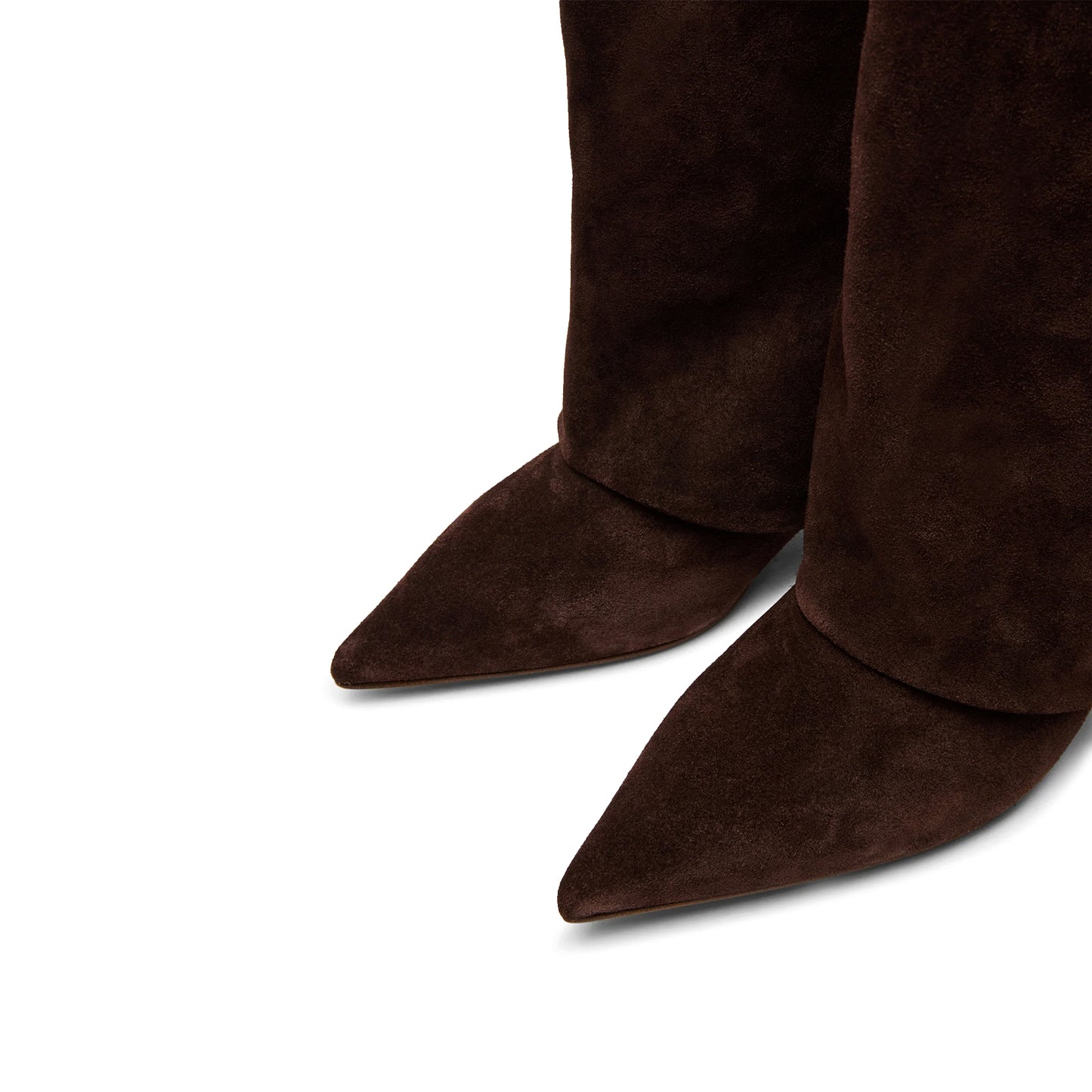 Brown Faux Suede Pointed-Toe Fold-Over Wide Calf Knee High Stiletto Boots