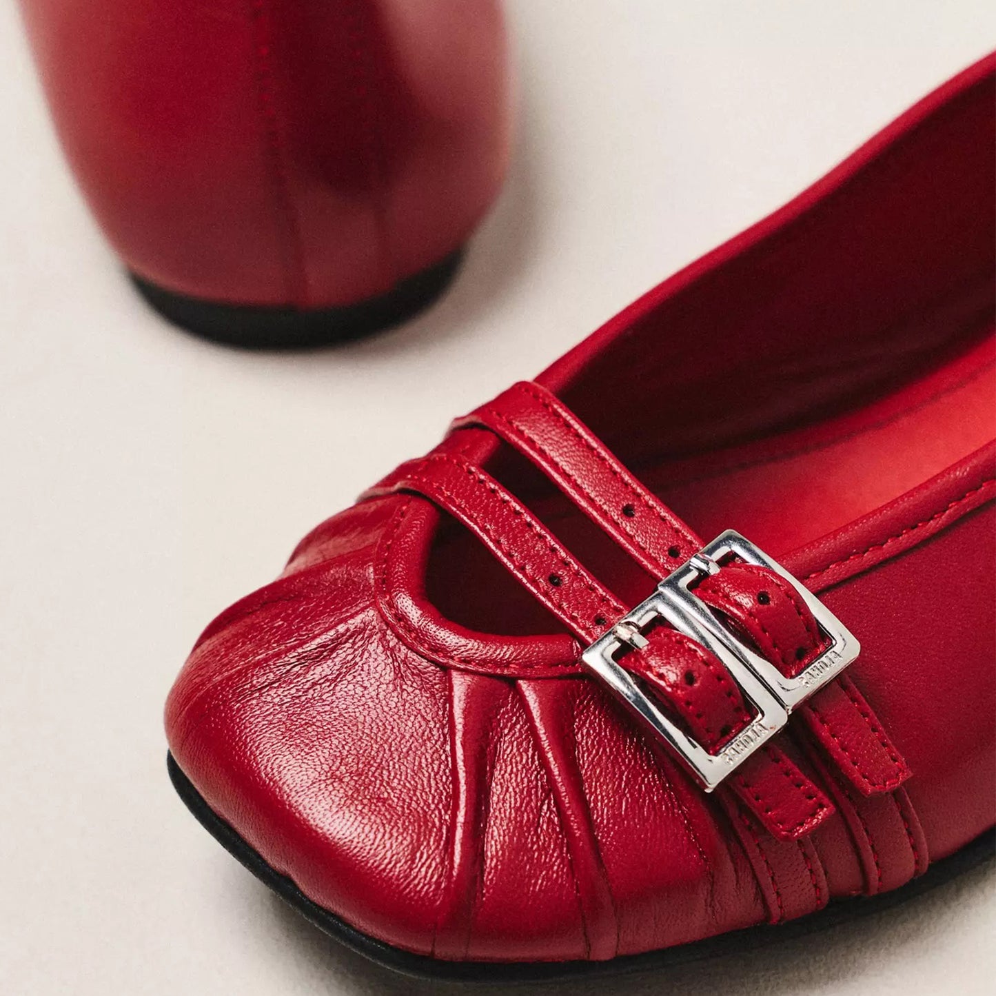 Red Square-Toe Front Buckle Double Straps Classic Ballet Flats
