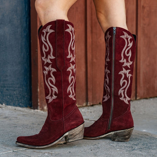 Burgundy Faux Suede Pointed-Toe Embroidery Full-Zip Knee High Cowgirl Boots