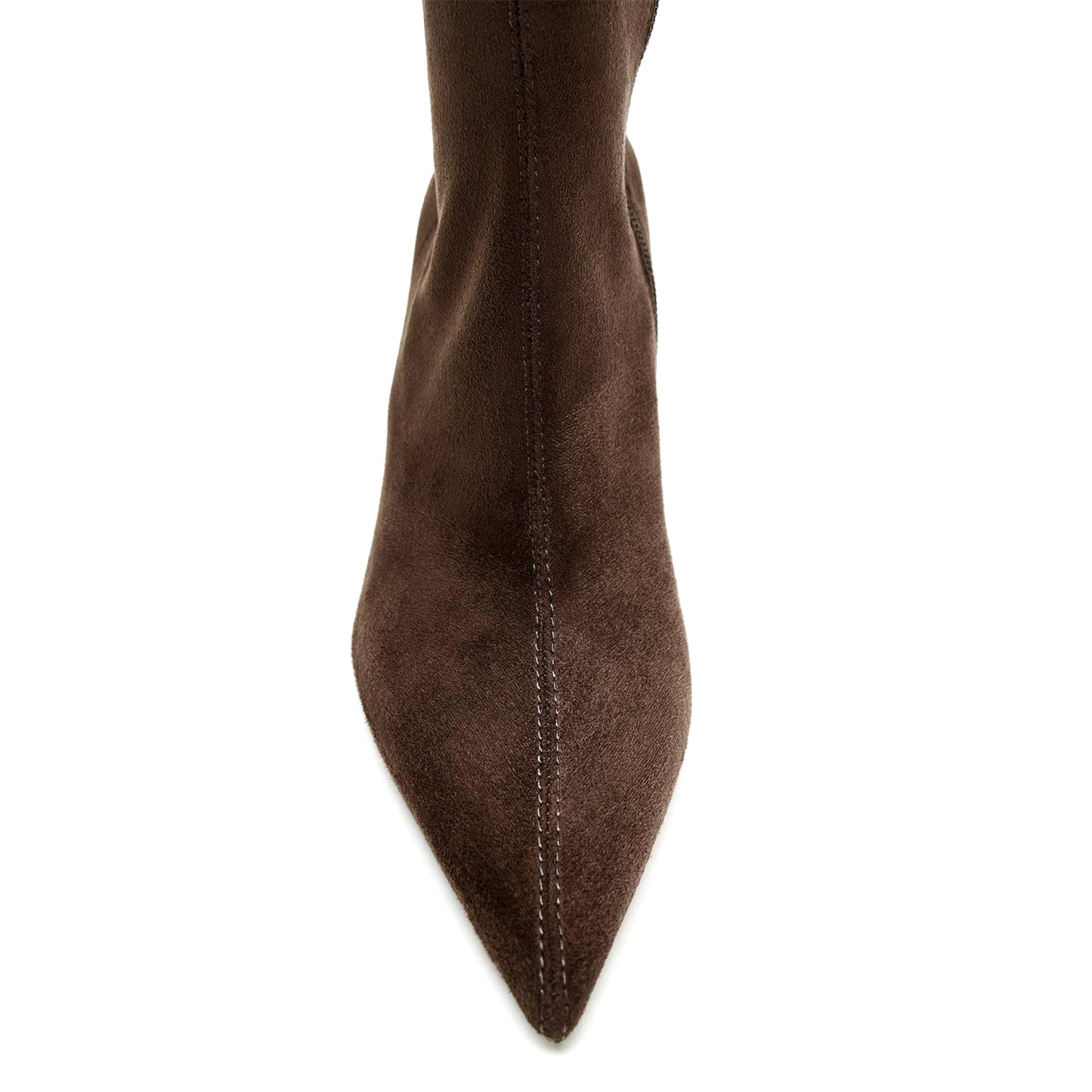 Chocolate Faux Suede Pointed-Toe Top Buckle Strap Full-Zip Knee High Stiletto Boots