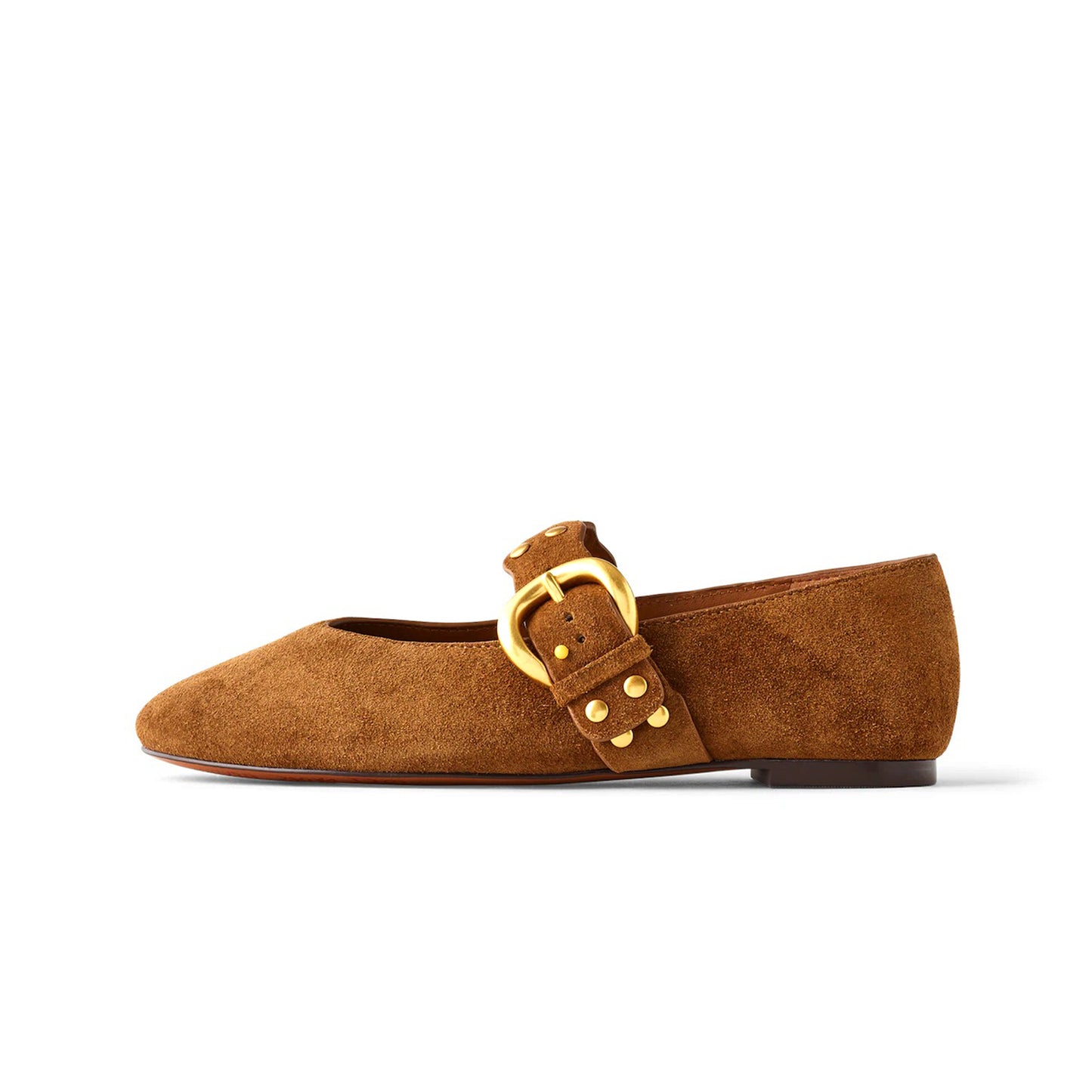 Brown Faux Suede Round-Toe Buckle Bridge Strap Slip-On Flats