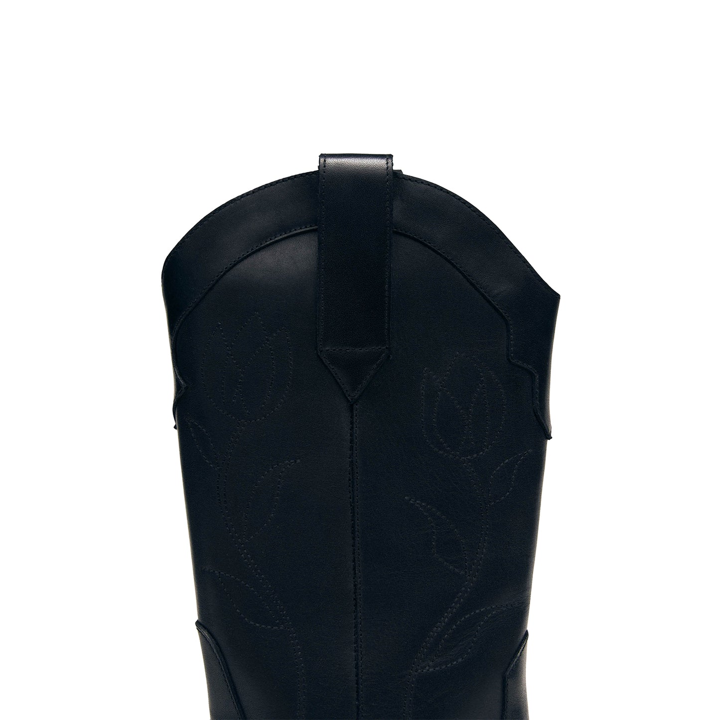 Black Pointed-Toe Tulip Embroidery Mid Calf Cowgirl Boots
