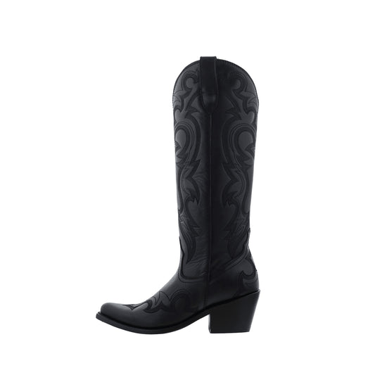 Black Almond-Toe Embroidery Tall Wide Calf Knee High Cowgirl Boots