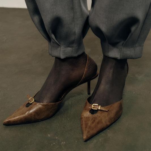 Distressed Brown Pointed-Toe Front Buckle Slingback Kitten Heels