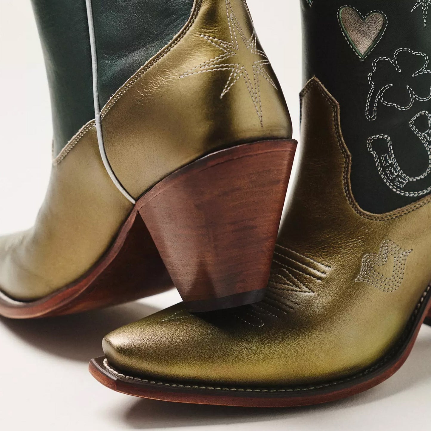 Contrast Metallic Olive And Green Snip-Toe Embroidery Silver Heart Inlay Ankle Cowgirl Boots