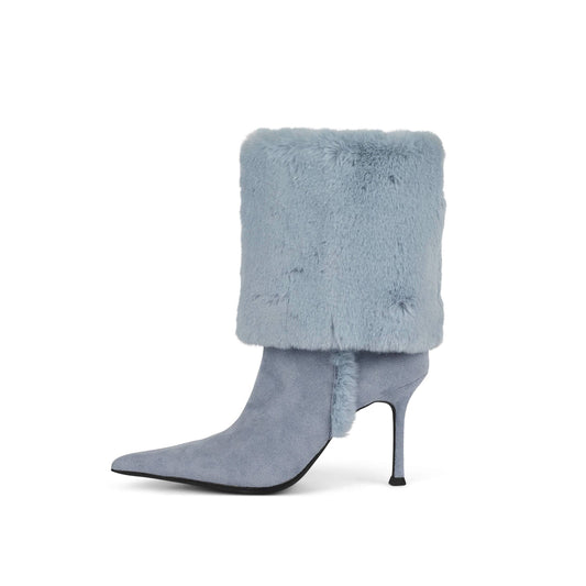 Blue Faux Suede Pointed-Toe Plush Fold-Over Knee High Stiletto Boots
