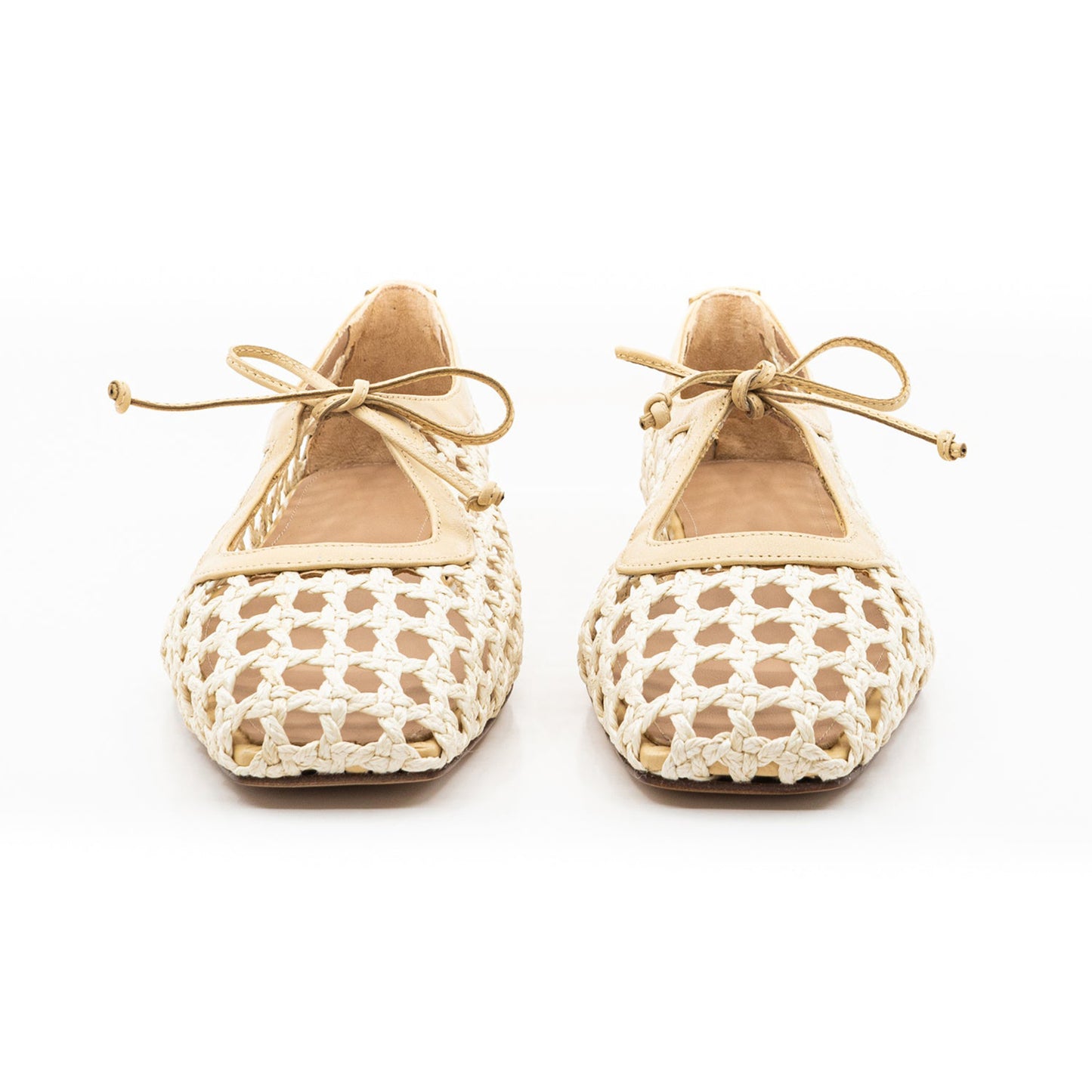Bone Woven Vegan Leather Square-Toe Vamp Strap With Bow Ballet Flats