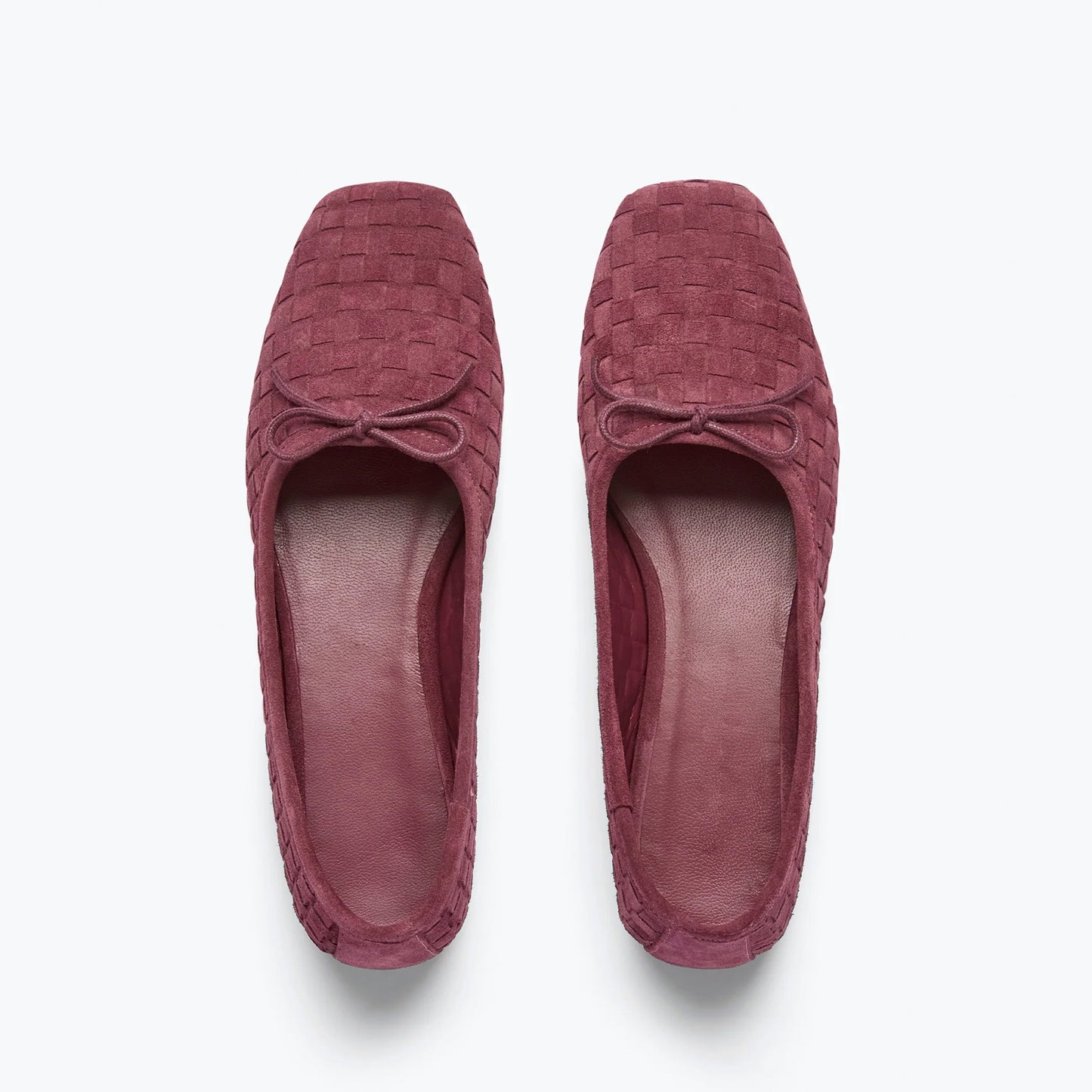 Wine Red Woven Faux Suede Square-Toe Front Bow Ballet Flats