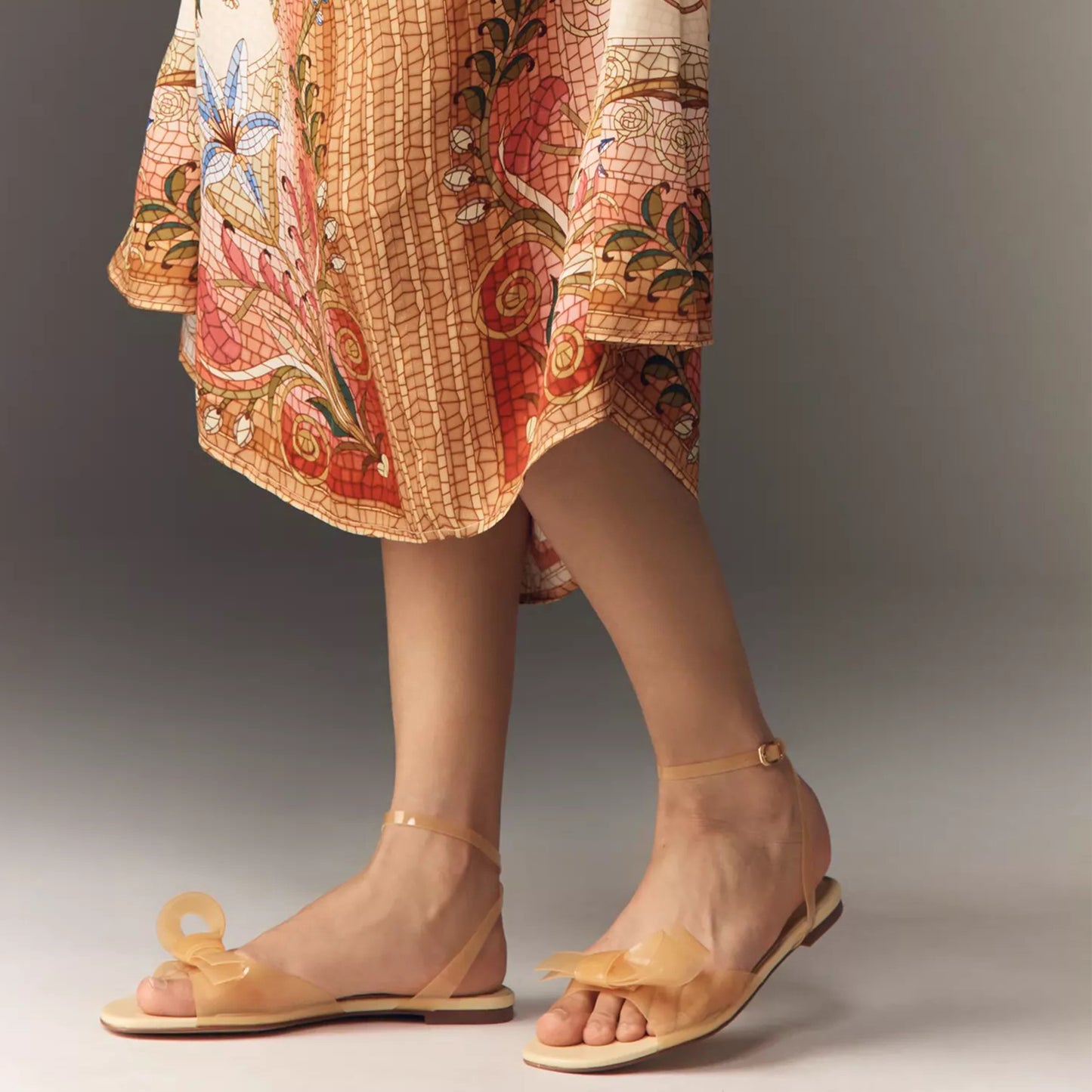 Yellow PVC Film Square-Toe Front Bow Ankle Strap Flats