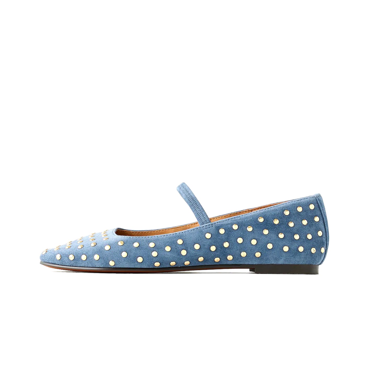 Blue Faux Suede Square-Toe Bridge Strap Studded Slip-On Flats