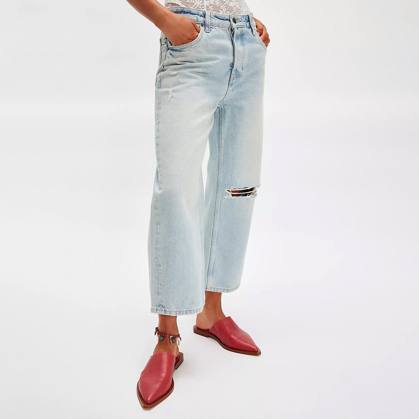 Red Pointed-Toe Simple Slip-on Ballet Flats With Ankle Adornment Chain