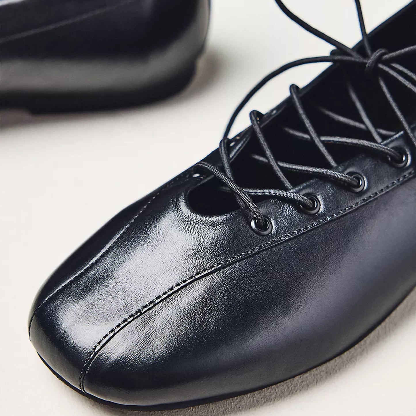 Black Vegan Leather Square-Toe Lace-Up Ballet Flats