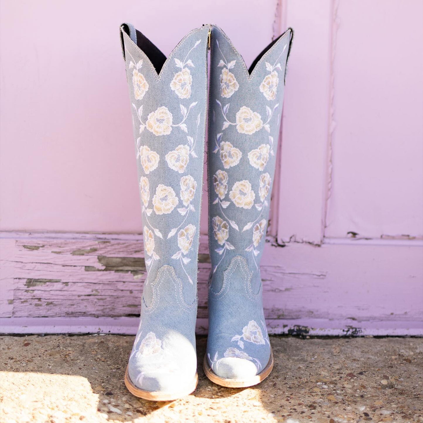 Light Blue Denm Pointed-Toe Floral Embroidery Full-Zip Knee High Cowgirl Boots