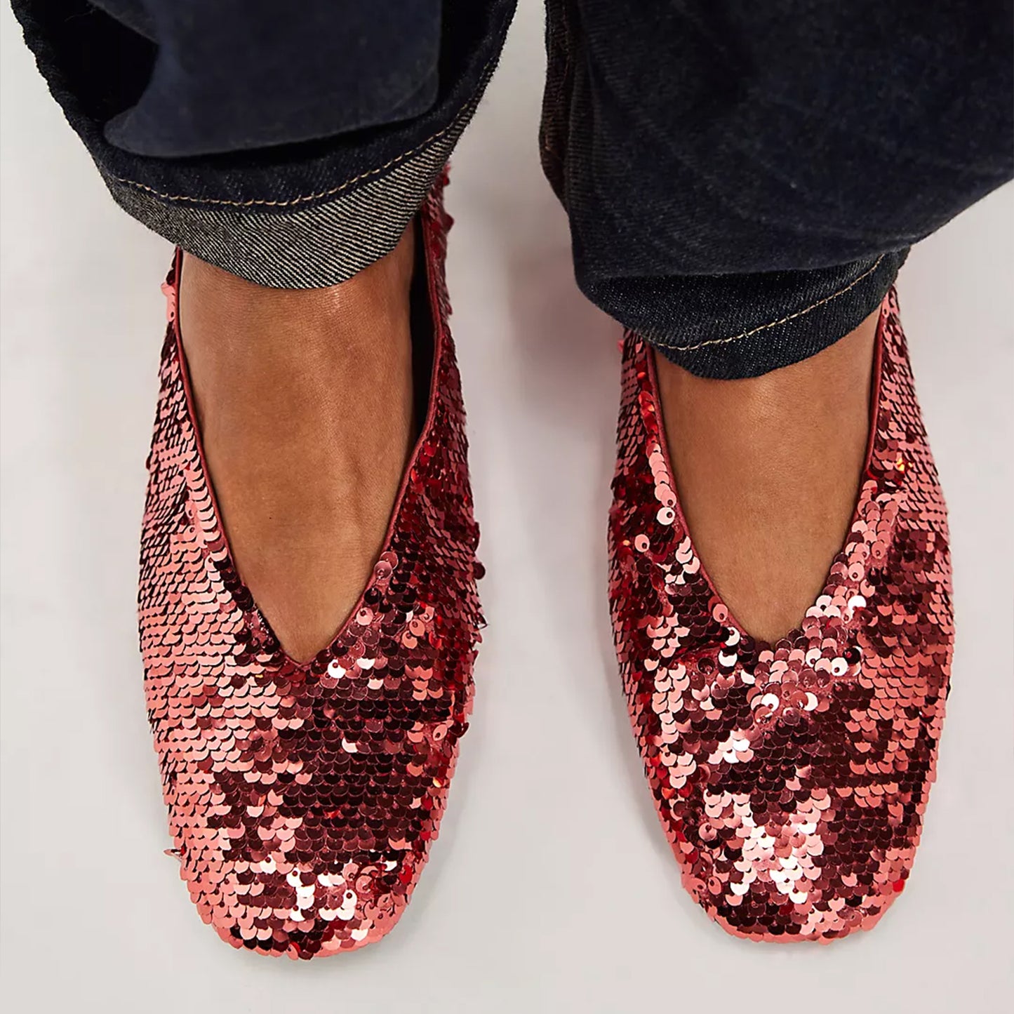 Peach Satin Round-Toe Classic Ballet Slip-On Sequin Flats