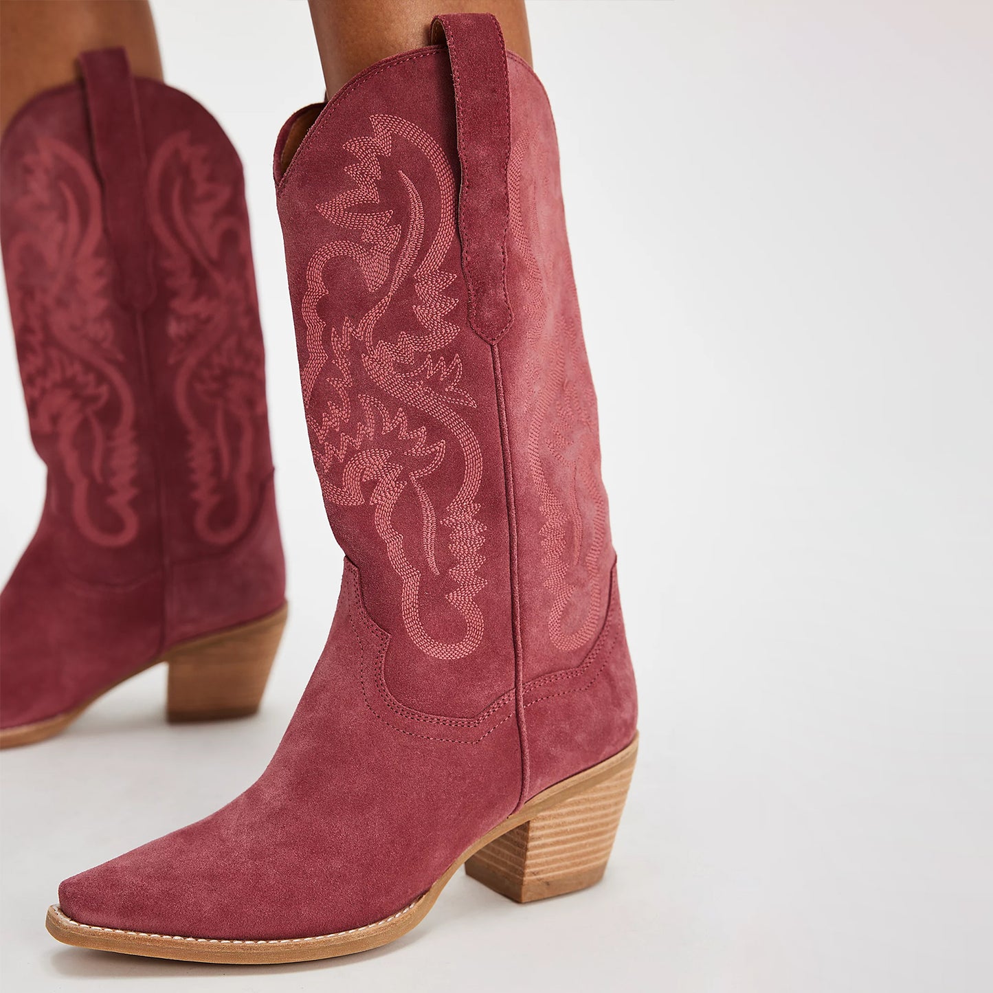 Pink Faux Suede Snip-Toe Classic Embroidery Mid Calf Cowgirl Boots