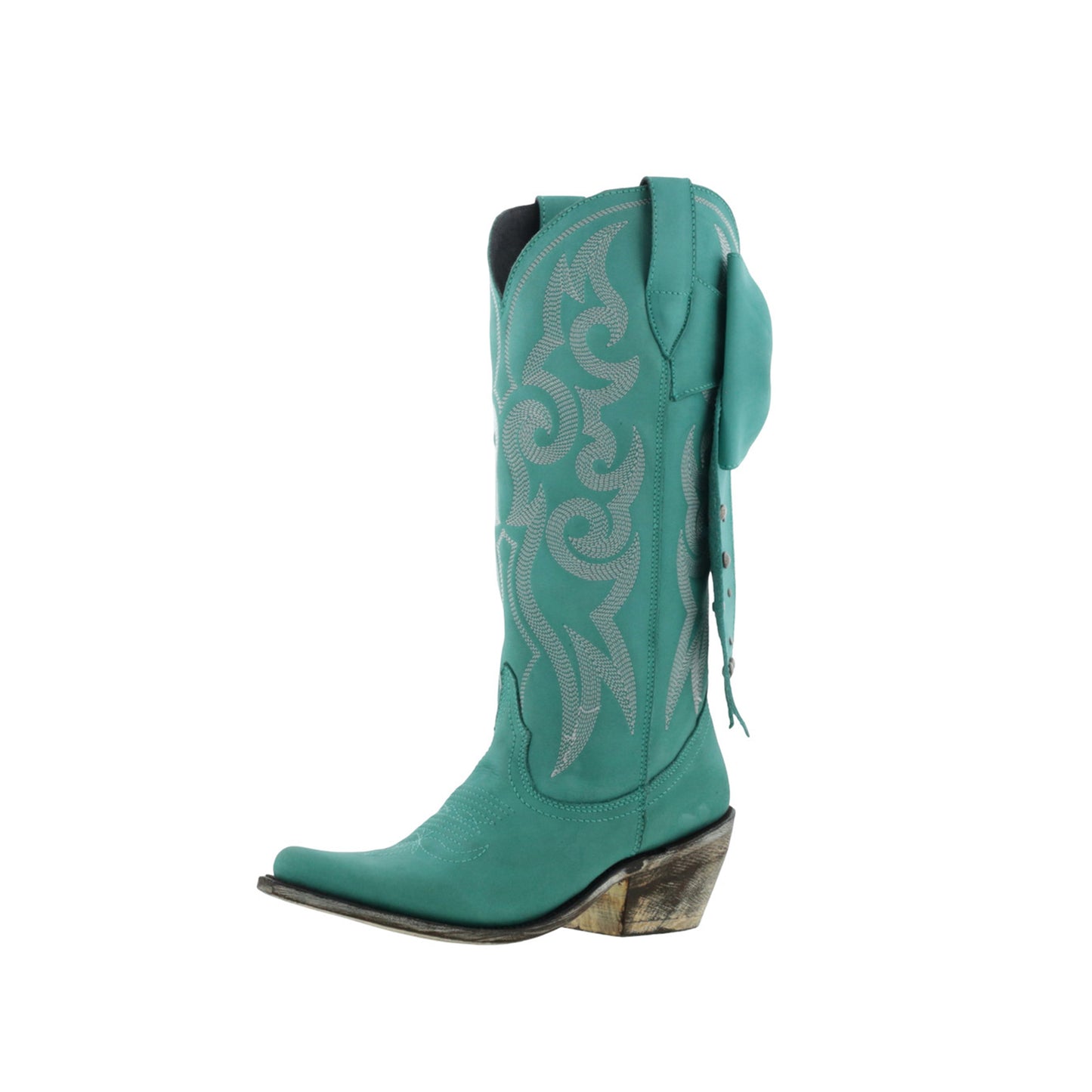 Turquoise Pointed-Toe Embroidery Back Studded Bow Mid Calf Cowgirl Boots
