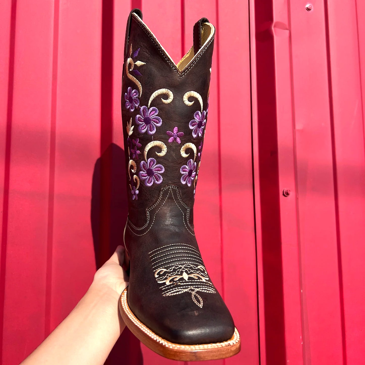 Black Square-Toe Flowers Embroidery Mid Calf Cowgirl Boots