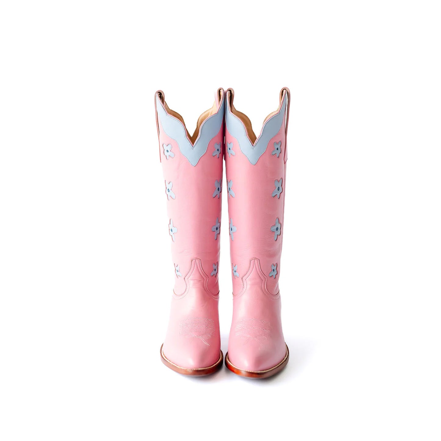 Pink Almond-Toe Powder Blue Flowers Inlay Wide Calf Knee High Cowgirl Boots