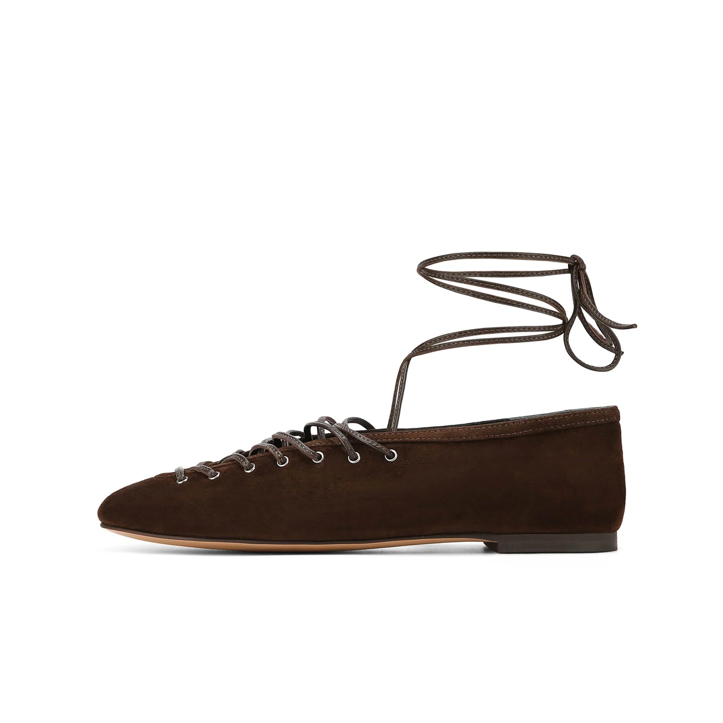 Brown Faux Suede Round-Toe Ankle Lacing Detail Lace-Up Flats