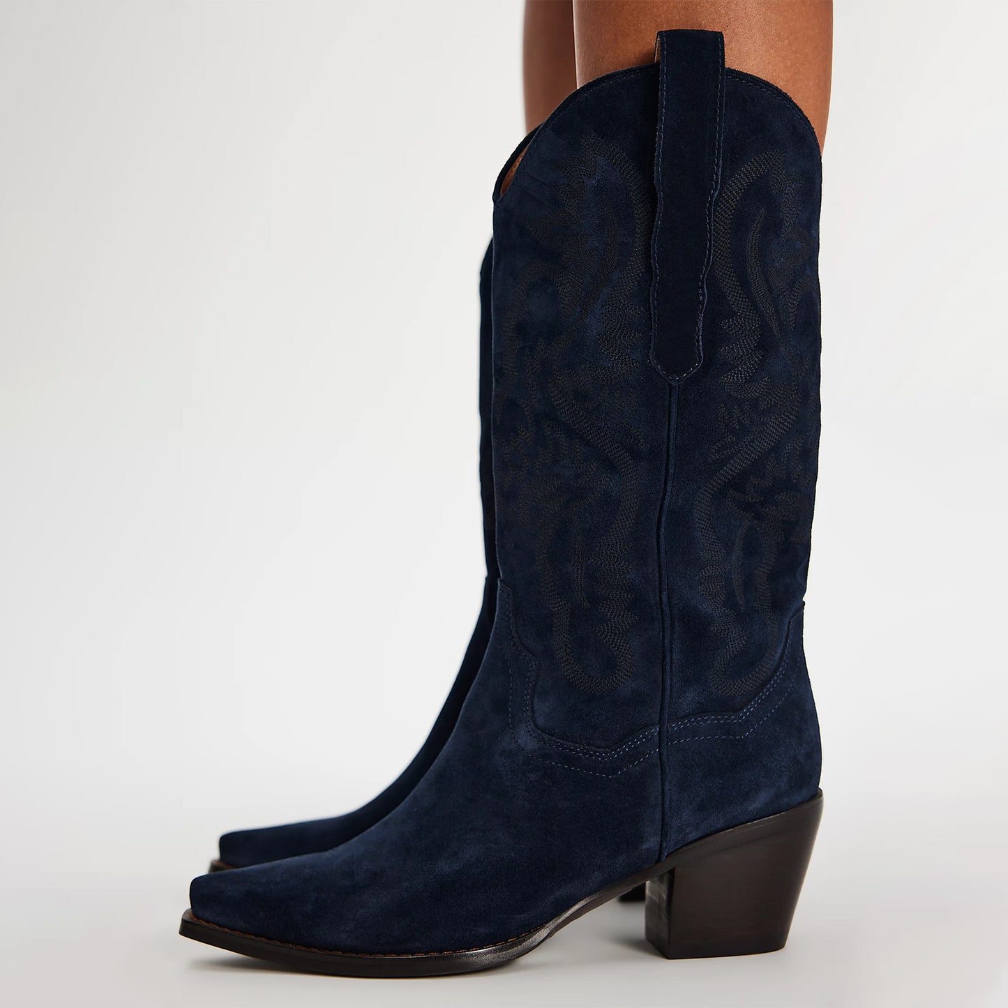 Navy Blue Faux Suede Snip-Toe Classic Embroidery Mid Calf Cowgirl Boots