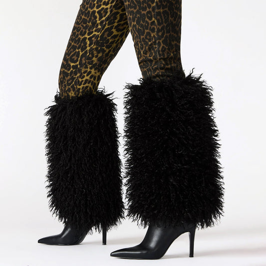 Black Pointed-Toe Full Plush Wide Calf Knee High Stiletto Boots