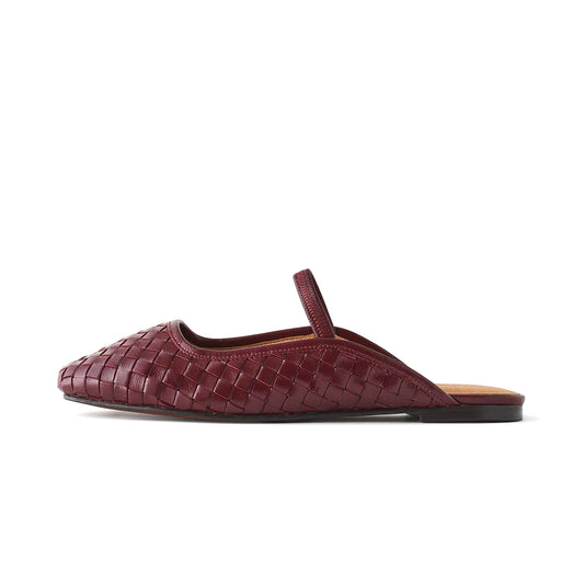 Wine Red Woven Square-Toe Bridge Strap Slip-On Flats