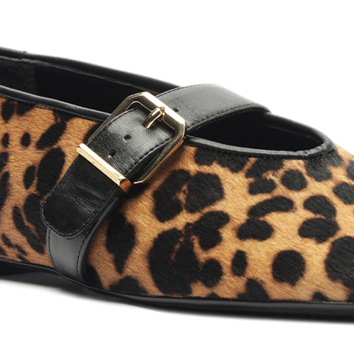 Leopard Pony Hair Round-Toe Bridge Strap Buckle Flats