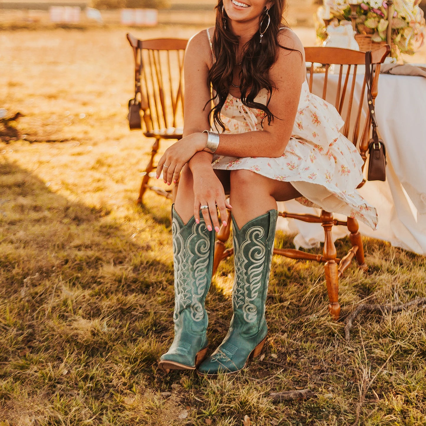 Turquoise Almond-Toe Curled Embroidery Full-Zip Knee High Cowgirl Boots