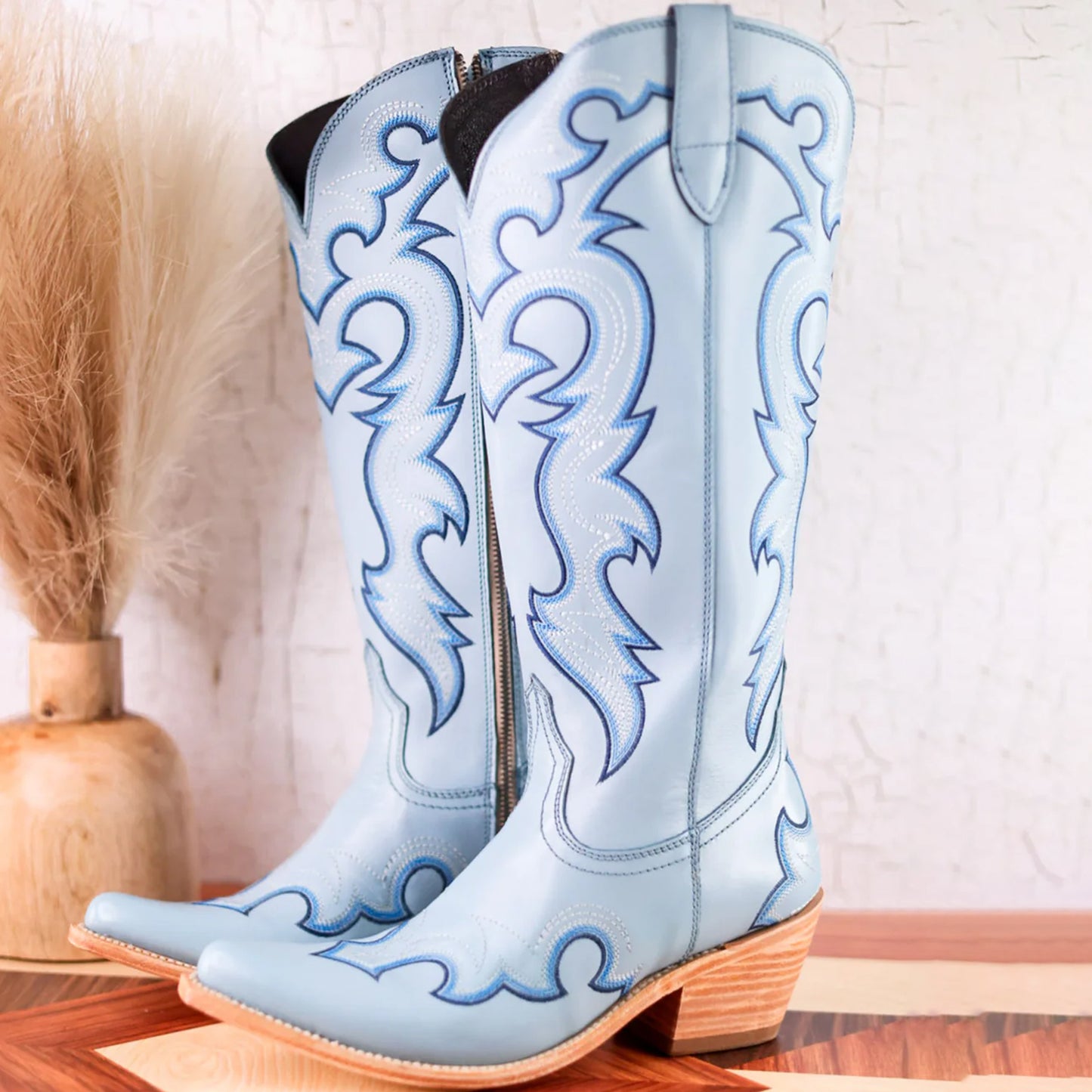Pastel Blue Almond-Toe Embroidery Tall Wide Calf Knee High Cowgirl Boots