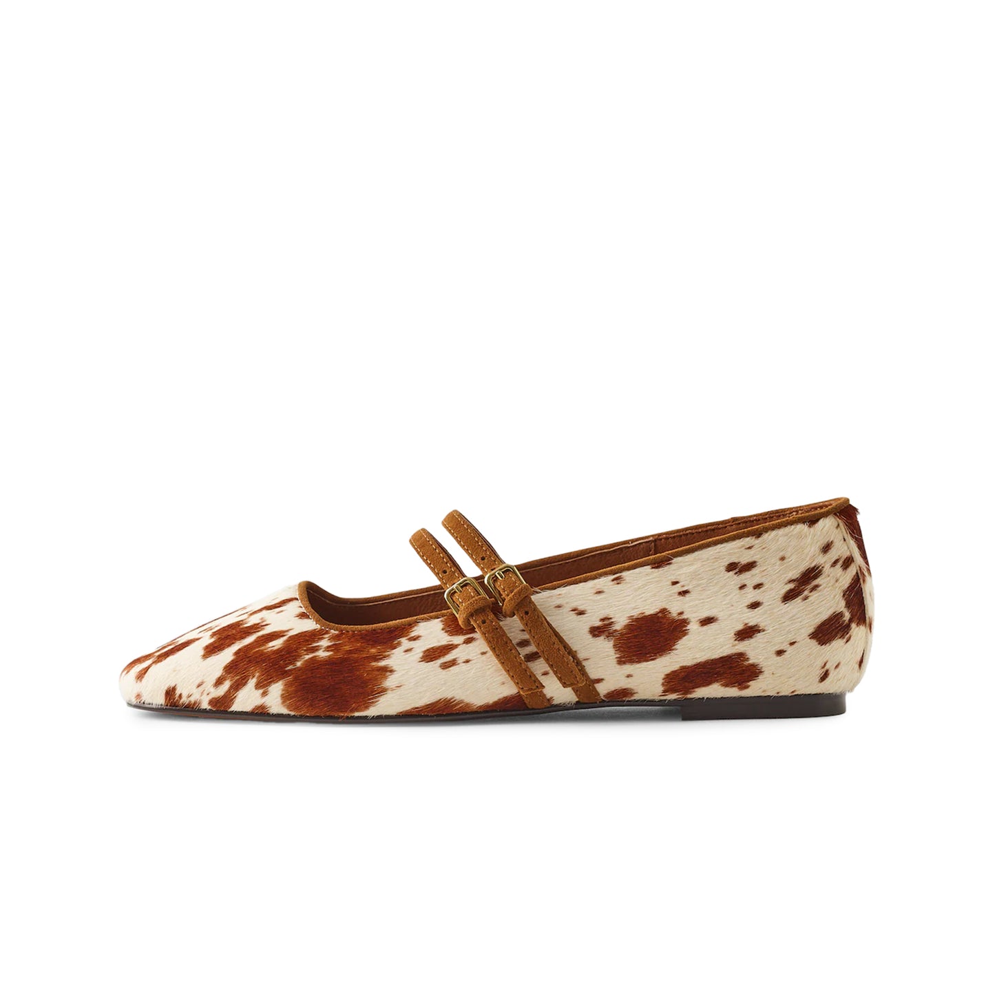 Cow Print Pony Hair Square-Toe Double Buckle Bridge Strap Flats