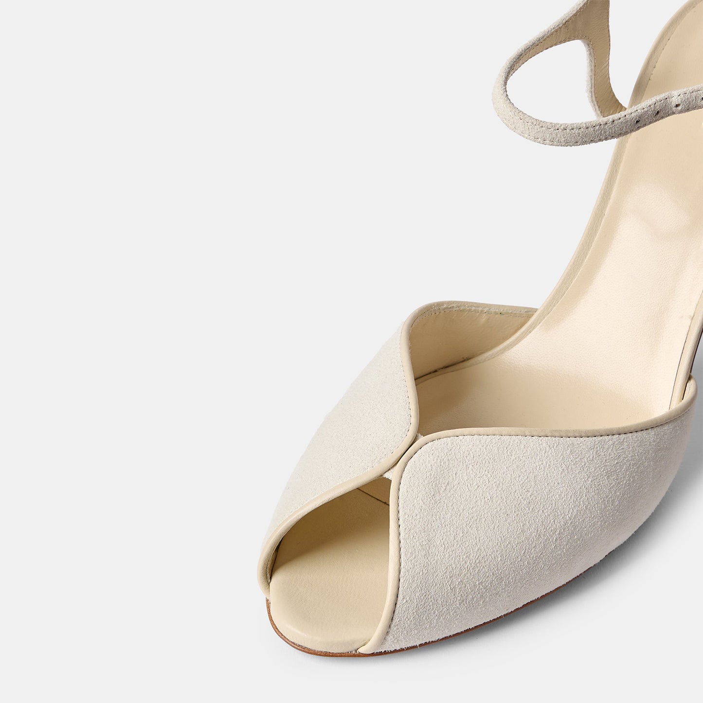 Ecru Faux Suede Peep Round-Toe Slingback And Ankle Strap Chic High Heels