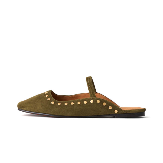 Olive Green Faux Suede Square-Toe Bridge Strap Studded Slip-On Flats