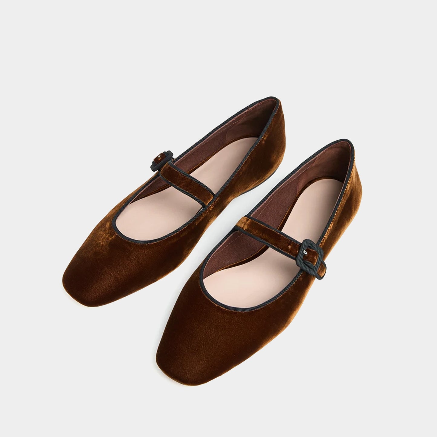 Dark Brown Velvet Square-Toe Bridge Strap Ballet Flats