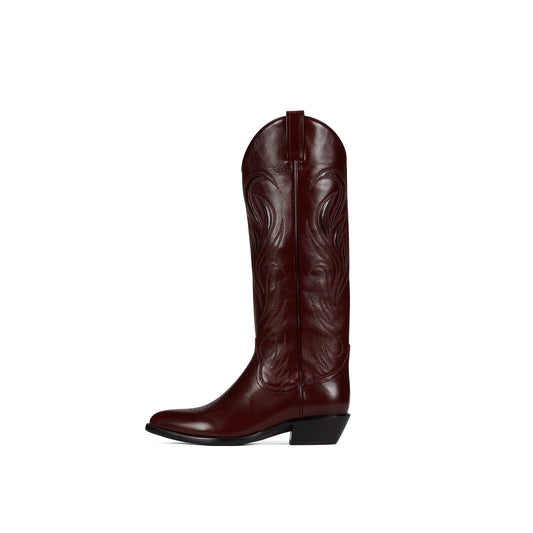 Dark Coffee Vegan Leather Almond-Toe Embroidery Wide Calf Knee-High Cowgirl Boots