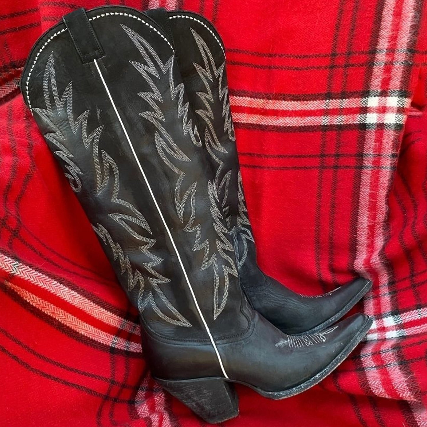 Dark Green Pointed-Toe Half-Zip Embroidery Knee High Cowgirl Boots