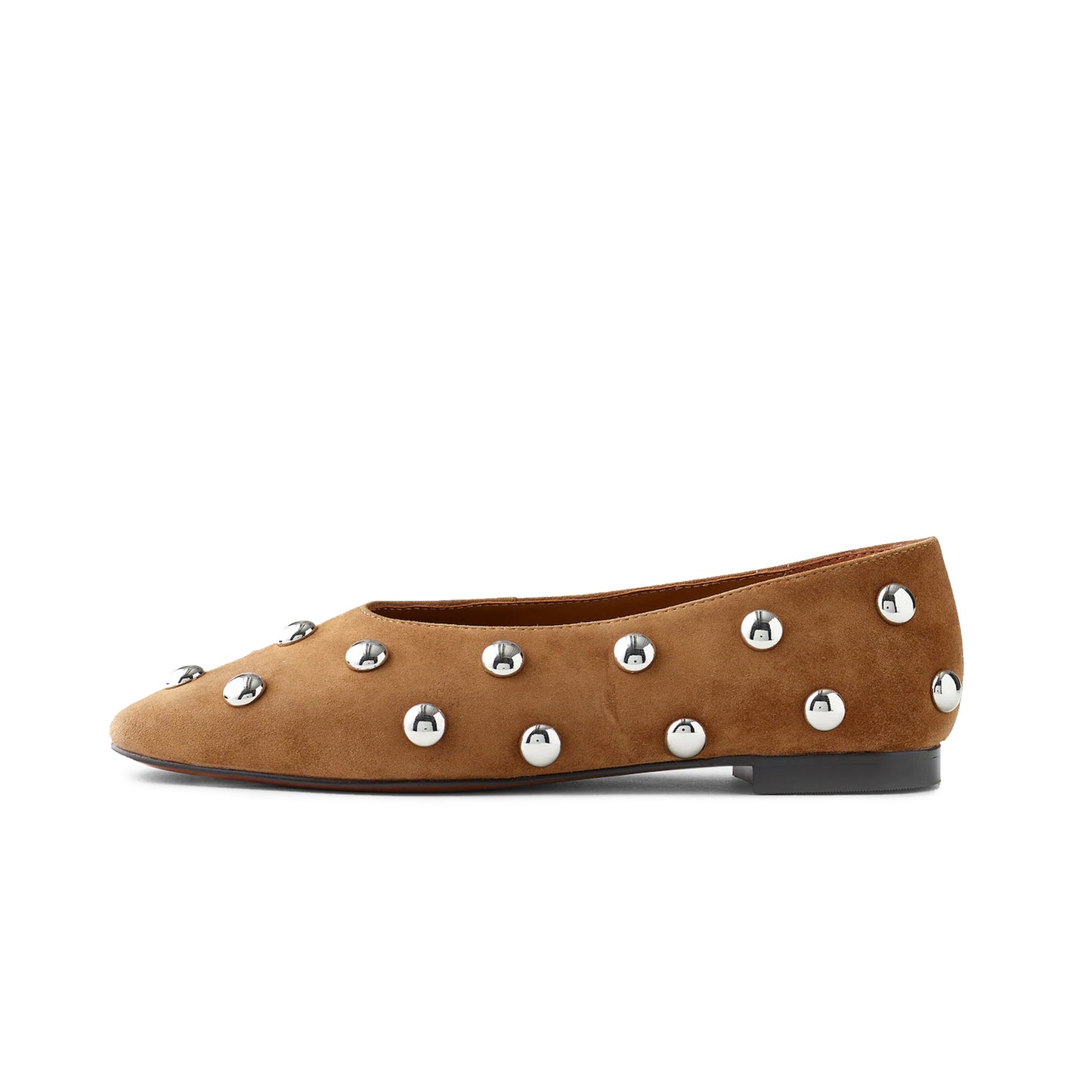 Brown Faux Suede Studded Square-Toe Ballet Flats