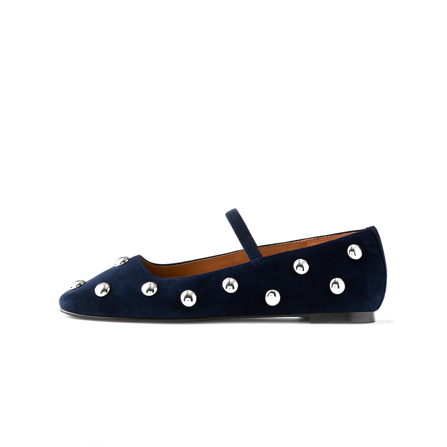 Indigo Faux Suede Square-Toe Bridge Strap Studded Slip-On Flats