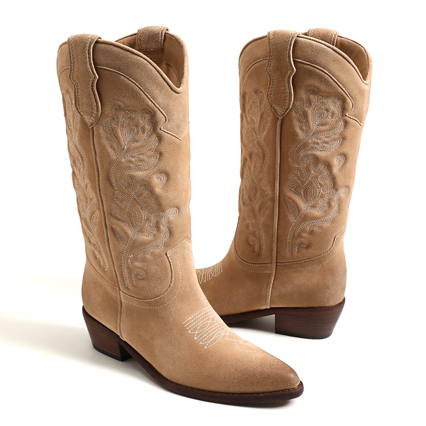 Tan Faux Suede Almond-Toe Flowers Embroidery Mid Calf Cowgirl Boots