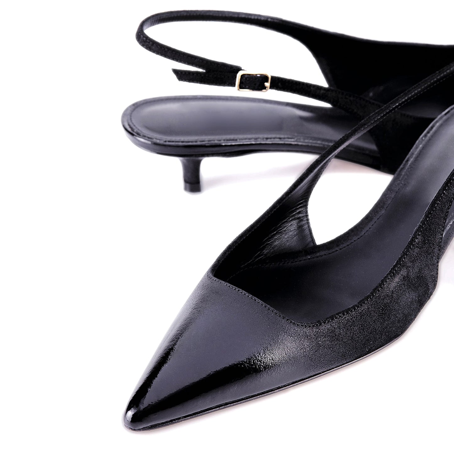 Black Pointed-Toe Simple Slingback Slip-On Kitten Heels
