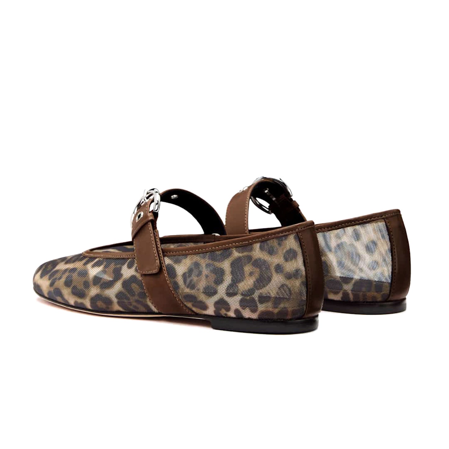 Leopard Mesh Square-Toe Classic Buckle Bridge Strap Ballet Flats