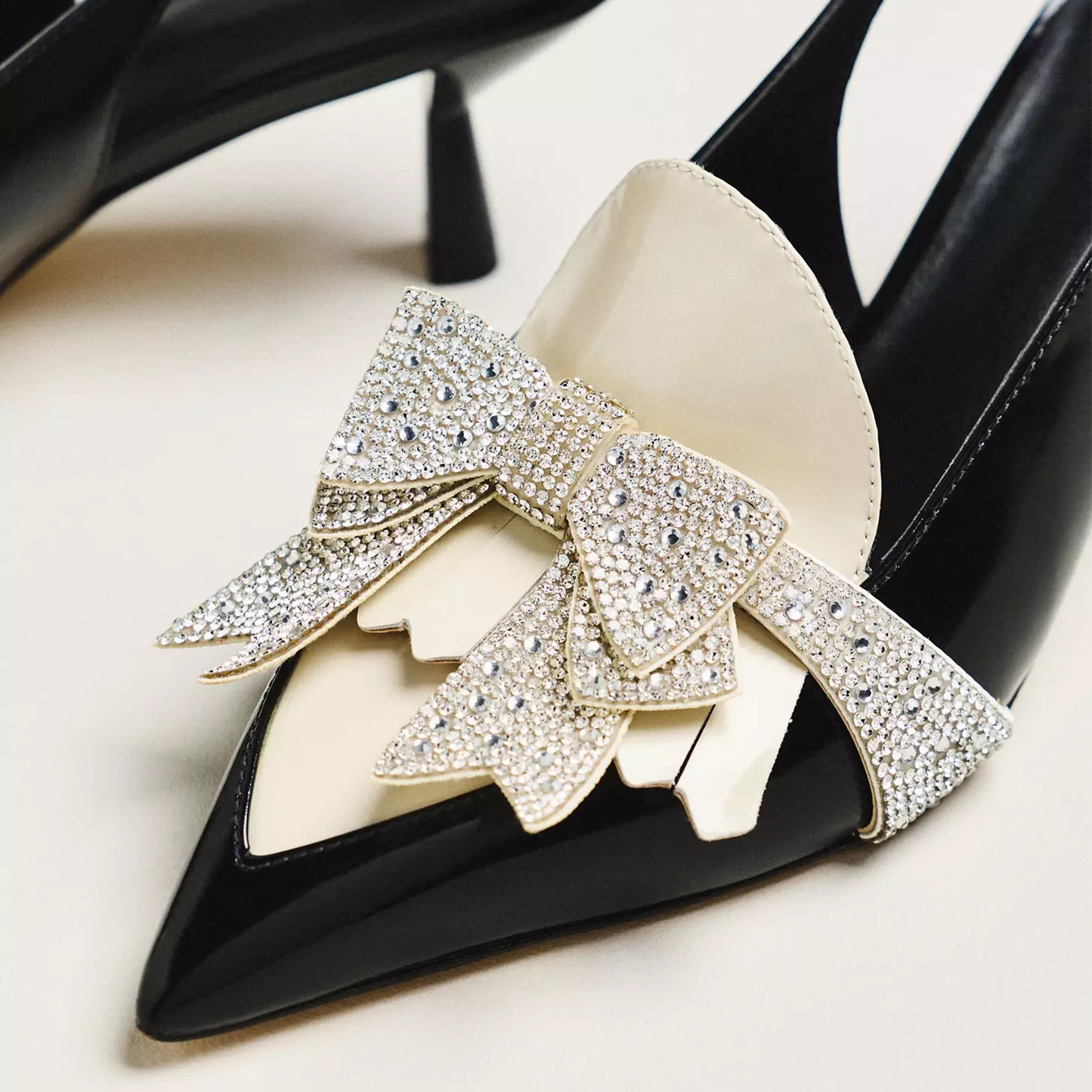 Patent Black Pointed-Toe Front Rhinestones Bow Buckle Slingback Kitten Heels