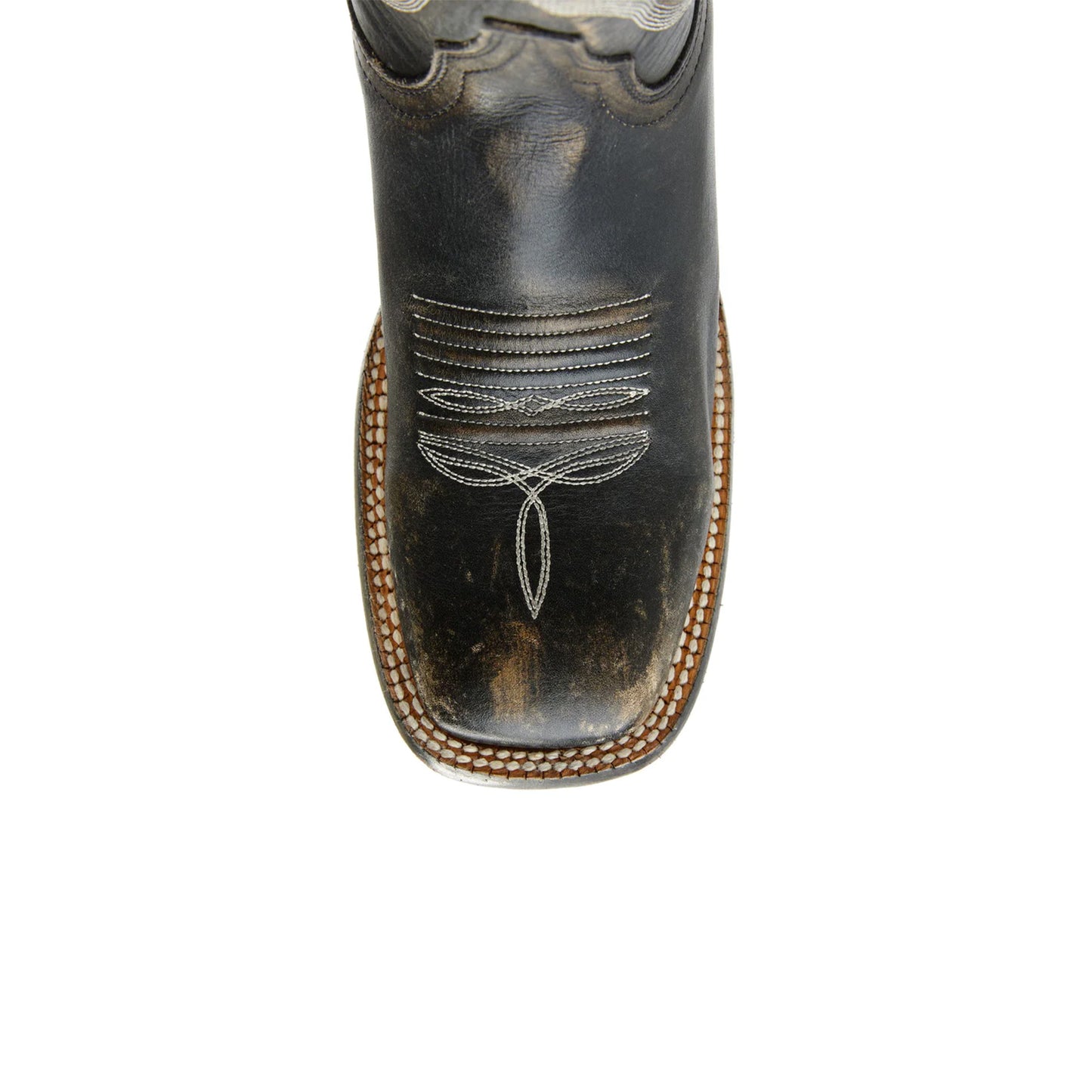 Distressed Black Square-Toe Embroidery Mid Calf Cowgirl Boots