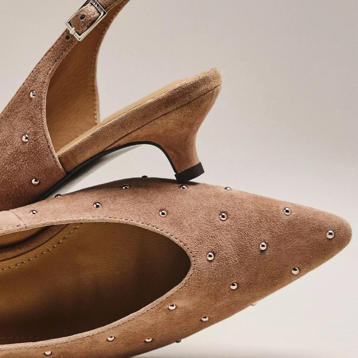 Taupe Faux Suede Pointed-Toe Full Tiny Studs Back Strap Kitten Heels