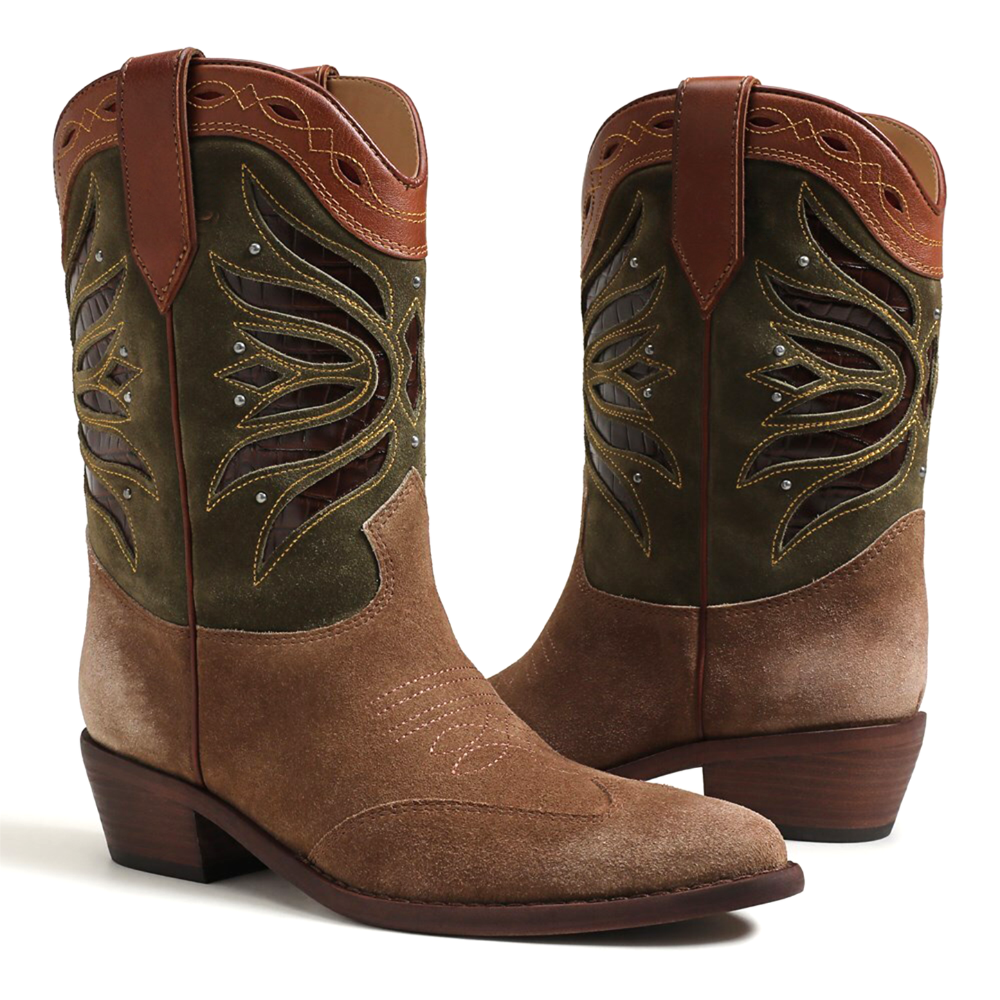 Dark Tan Pointed-Toe Inlays Studded Mid Calf Cowgirl Boots