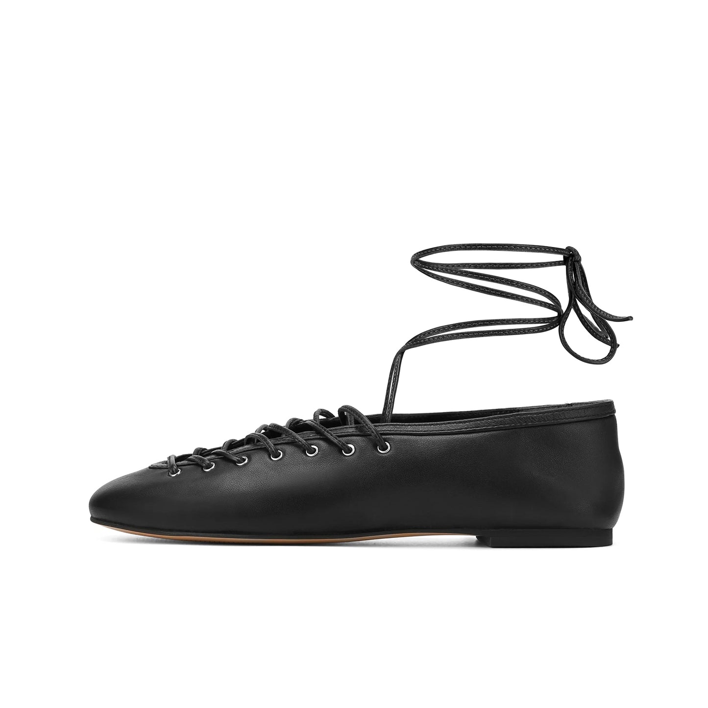 Black Vegan Leather Round-Toe Ankle Lacing Detail Lace-Up Flats