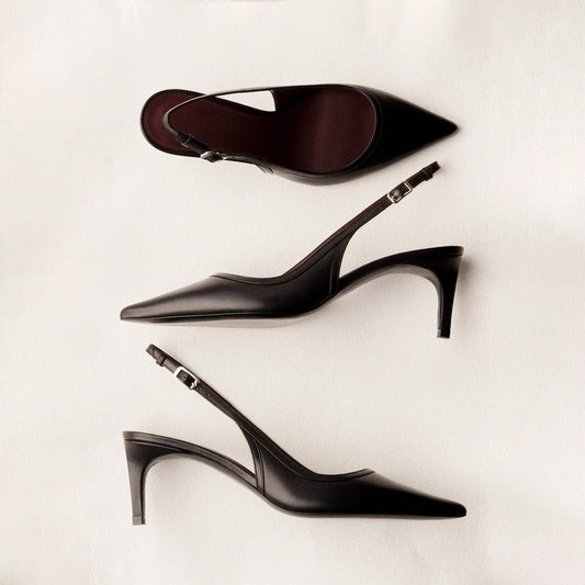 Black Vegan Leather Pointed-Toe Slingback Kitten Heels