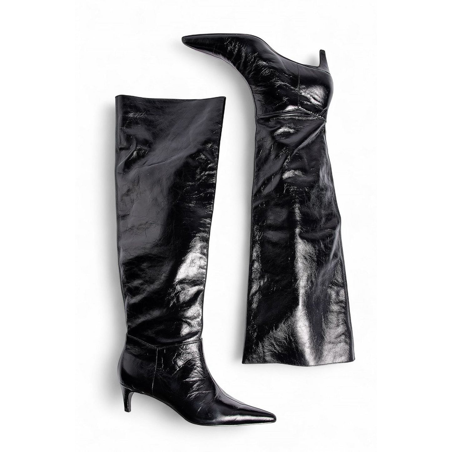 Black Pointed-Toe Slouchy Wide Calf Knee High Stiletto Boots