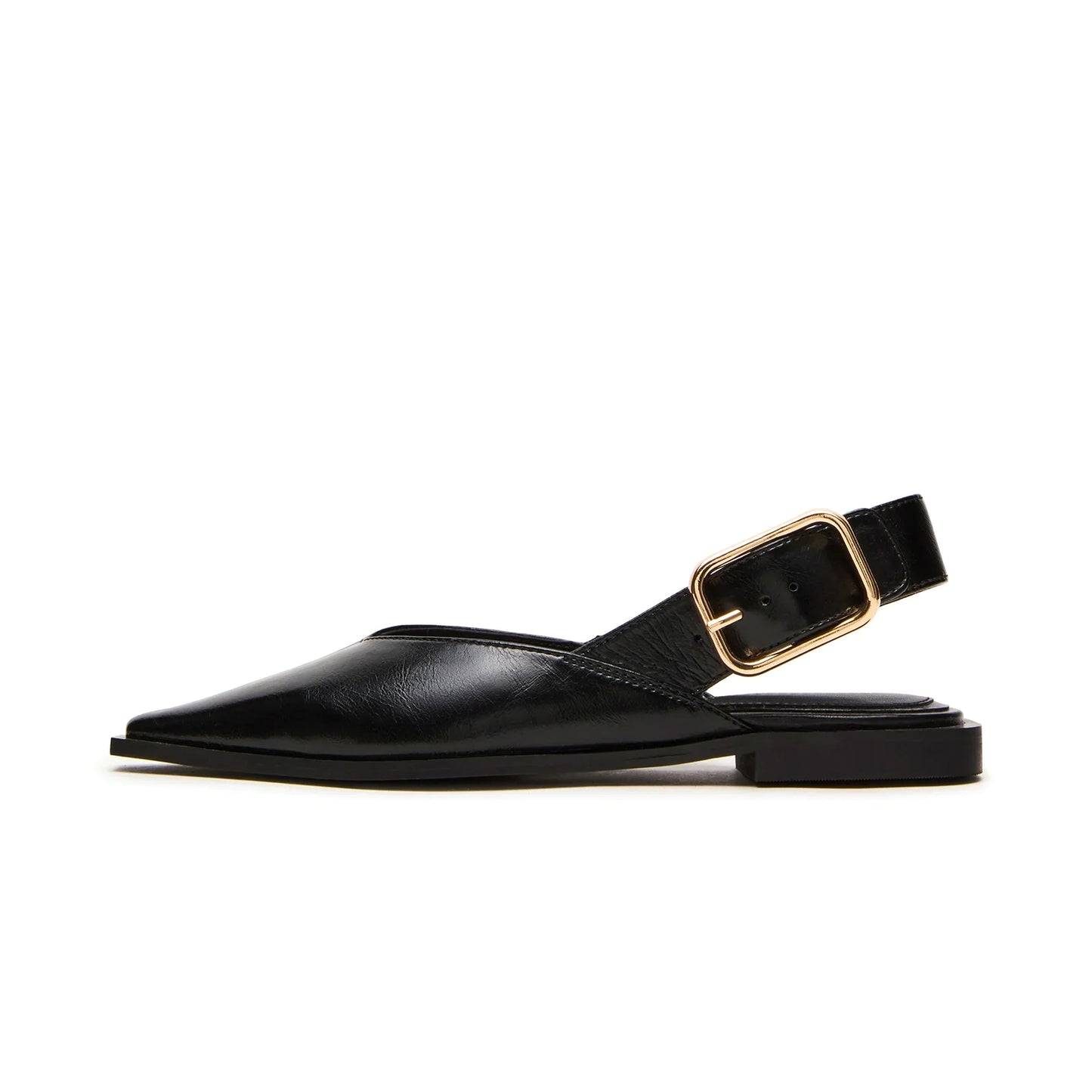 Black Vegan Leather Pointed-Toe Slingback Buckle Flats
