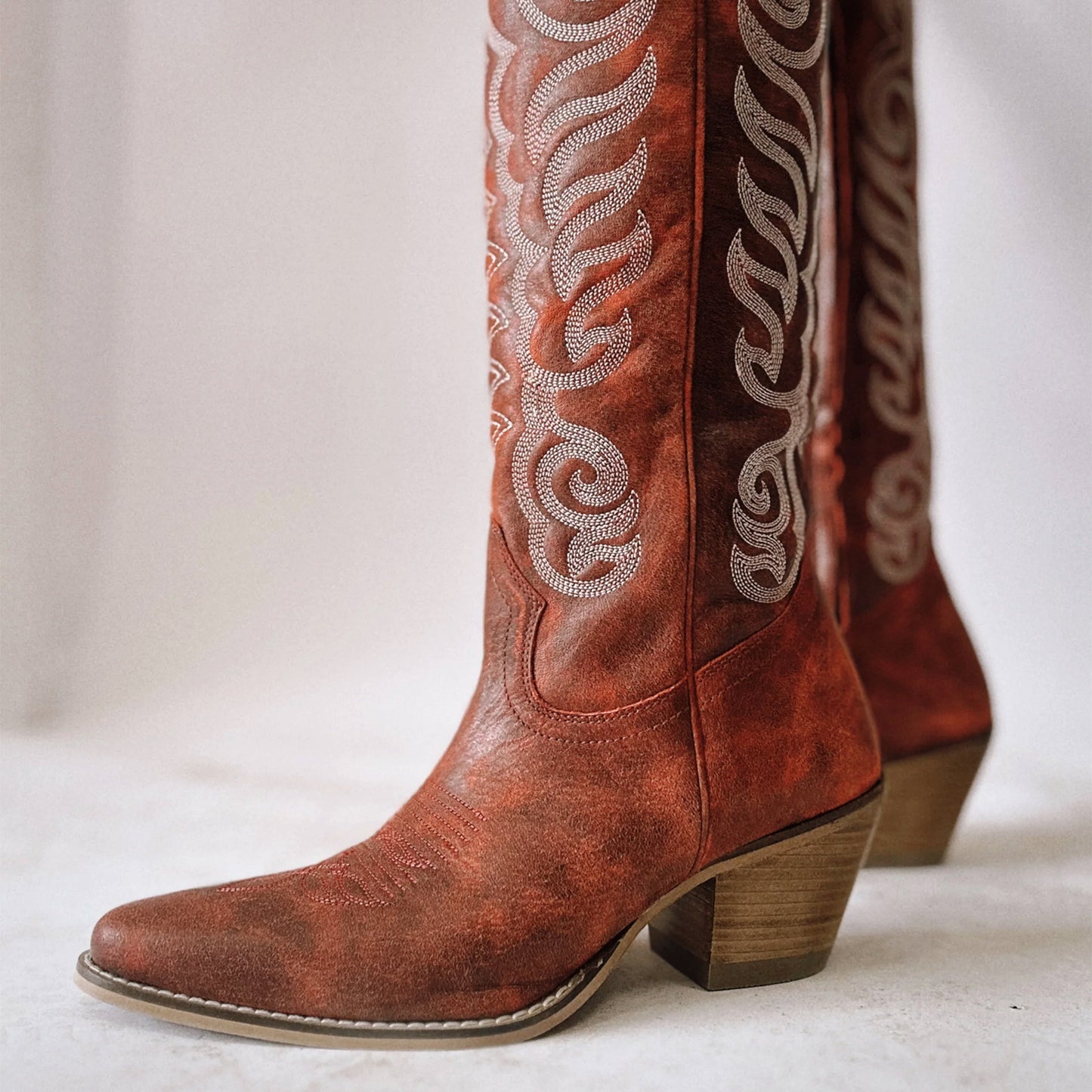 Distressed Red Almond-Toe Curled Embroidery Full-Zip Knee High Cowgirl Boots