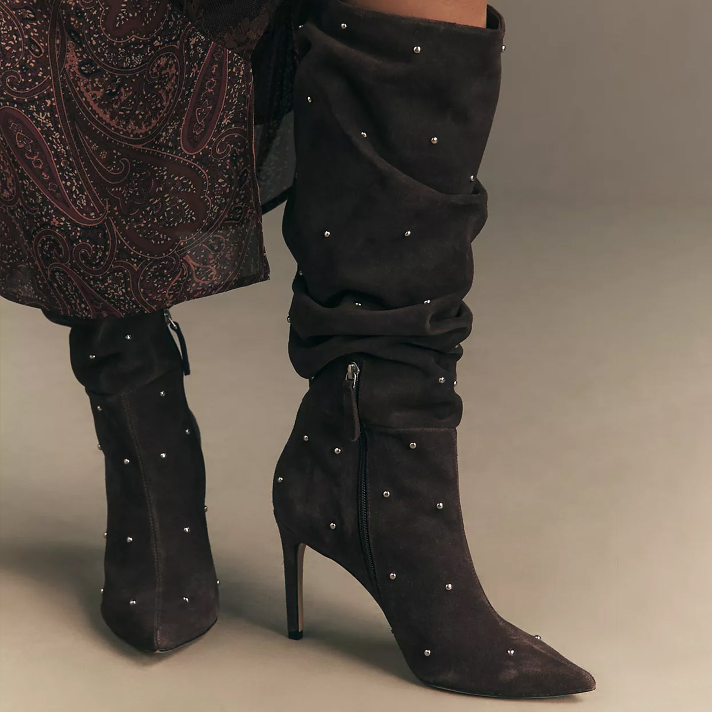 Brown Faux Suede Pointed-Toe Studded Half-Zip Knee High Stiletto Boots